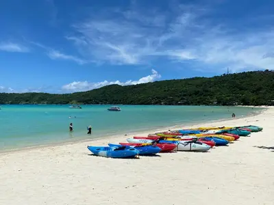 a row of boats lined up on a beach at By the Beach Hostel in Phi Phi Don