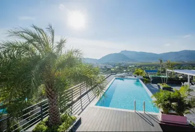 a view of a swimming pool with a palm tree at Modern Apartment in Chalong in Chalong