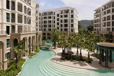 an aerial view of a resort with buildings at Brand New apartments, 60 sqm, BangTao beach in Bang Tao Beach