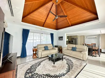 a living room with two couches and a table at Luxury 3 Bed Cherngtalay Villa Pool close to Beaches Dec Holiday Specials in Ban Phru Champa