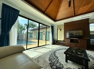 a large living room with a couch and a tv at Luxury 3 Bed Cherngtalay Villa Pool close to Beaches Dec Holiday Specials in Ban Phru Champa