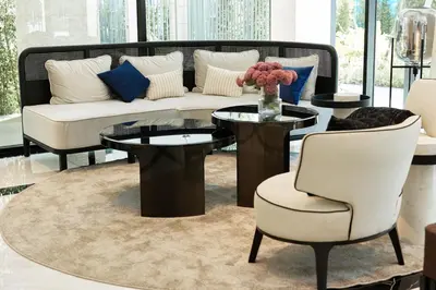 a living room with a couch and two tables at Cute apartment 52 m2 in Brand New condo! BangTao in Bang Tao Beach