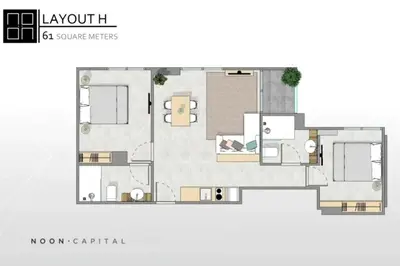 a floor plan of a house at Modern 61m² Apt - Central Chalong/ Fast WiFi in Ban Thalat Choeng Thale