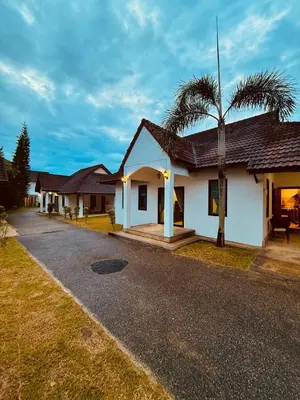 a house with a palm tree next to a street at Cozy family cottage w pool Bang Tao in Phuket