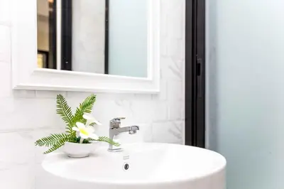 a bathroom sink with a mirror and a plant on it at Cat house, 5 min to the beach in Ban Thalat Choeng Thale