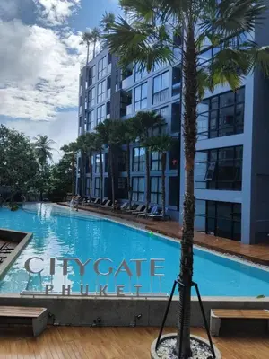 a palm tree in front of a large building at CityGate Kamala 1 bedroom by Ere B312 in Kamala Beach