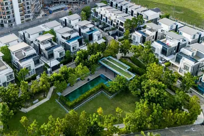 an aerial view of an apartment complex with a garden at Luxury 5 bedroom villa Laguna Park in Laguna Phuket