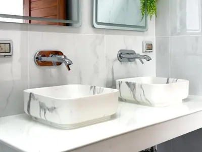 two white sinks on a counter in a bathroom at Stylish 3BR Pool Villa Lawan Villa (LWV1) in Phuket Town