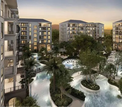 an aerial view of an apartment complex with a pool at C249 Brand new Pool view stay with great amenity in Bang Tao Beach
