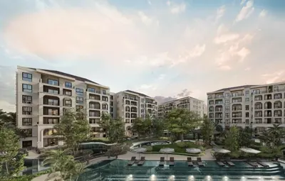 an apartment complex with a courtyard and buildings at C249 Brand new Pool view stay with great amenity in Bang Tao Beach