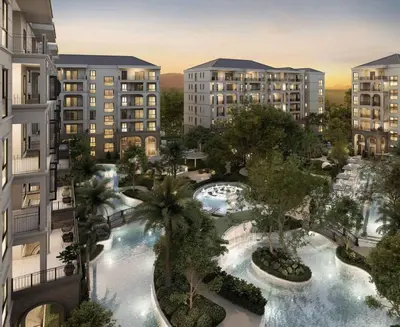 an aerial view of a resort with two pools at C250 Brand new Stay near top beach & Boat Avenue in Thalang