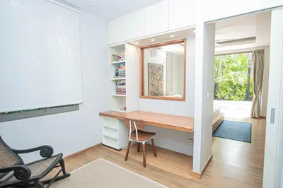 a home office with a desk and a mirror at Luxury Pool Villa a Short Walk from Bangtao Beach in Bang Tao Beach