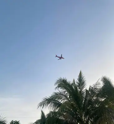 an airplane flying in the sky over palm trees at Leamsai Whisper Home in Thalang