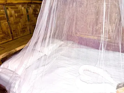 a bed with a mosquito net on top of it at Patong Canal House 2 in Patong Beach