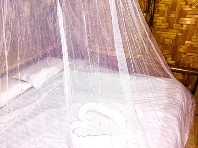 a bed with a mosquito net on it at Patong Canal House 2 in Patong Beach