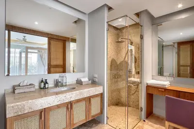 a bathroom with a sink and a shower at Botanica Luxury Pool Villa Phuket in Thalang