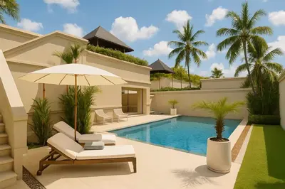 a villa with a swimming pool and a patio at Luxury Pool Villa Bangtao Phuket close to beach in Bang Tao Beach