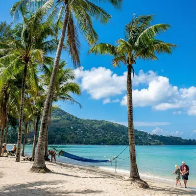 a group of palm trees on a beach at Kamala Hills Ocean Breeze 3 Bedroom Loft with Access to 3 Pools in Kamala Beach