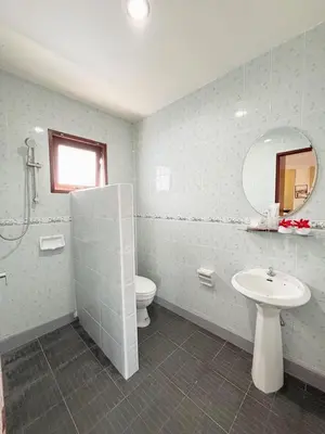a bathroom with a toilet and a sink and a mirror at Sachi Home Bangtao -Private House Near Beach in Ban Thalat Choeng Thale