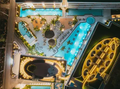 an aerial view of a resort with a pool at Sunshine Beach Appartments, 2BD in Layan Beach