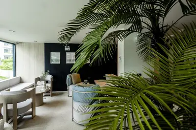a living room with a couch and a plant at The SPACE Apartment 612 in Ban Thalat Choeng Thale