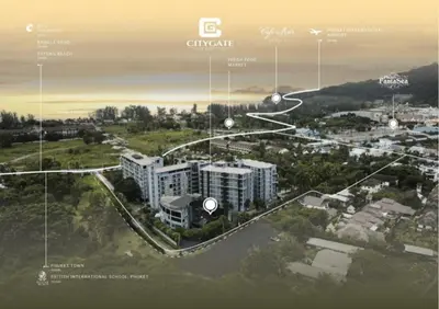 an aerial view of a city with buildings and technology at C255 Best Stay Experience Condo with Full Facilities in Kamala Beach