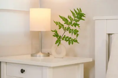 a plant in a vase on a table next to a lamp at Cozy 1BR Tropical View at Title in Nai Yang Beach