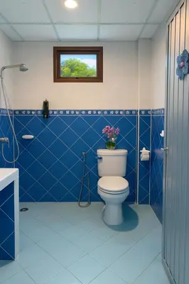 a blue bathroom with a toilet and a shower at Smile room 21 in Patong Beach