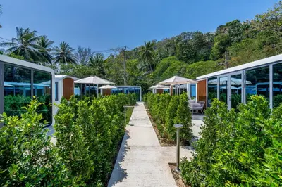 a row of plants in front of a building at Apple House Bangtao Pool, Terrace & Breakfast in Ban Lum Fuang