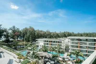 an aerial view of a resort with a pool at New Boutique Studio, Near the Sea in Layan Beach