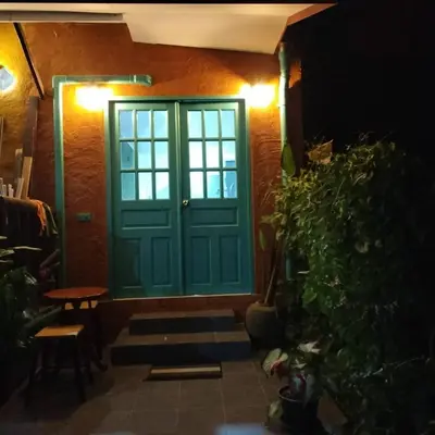 a green door in a room with a plant at Earth House HomeStay Bangjo in Ban Pak Lak
