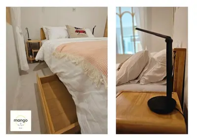 two pictures of a bedroom with a bed and a lamp at Mango Moon Phuket Art Haus 1 BR Near Central Phuket in Ban Nong Chaeng