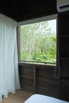 a window in a bedroom with a view of trees at Kalm Cabin Phuket in Ban Phak Chit