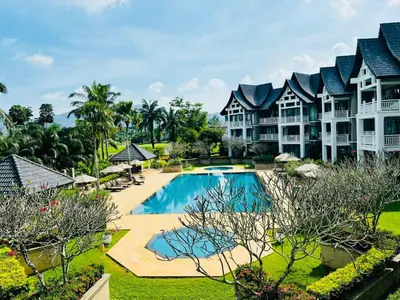 an aerial view of a resort with a swimming pool at Allamanda 2 lake side pad in the heart of Laguna in Laguna Phuket