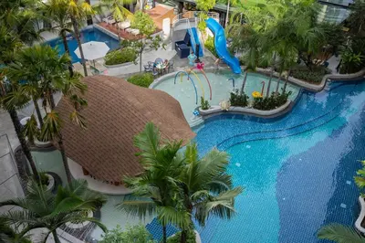an aerial view of a swimming pool at a resort at Great Apartment Sea Heaven 2 min to Nai Thon Beach in Nai Thon Beach