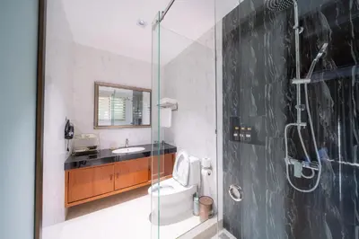 a bathroom with a shower and a toilet and a sink at D Villa Phuket-Luxury 6-Bedroom Private Villa in Panwa Entire Place in Phuket Town