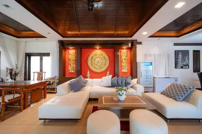 a living room with white couches and a piano at D Villa Phuket-Luxury 6-Bedroom Private Villa in Panwa Entire Place in Phuket Town