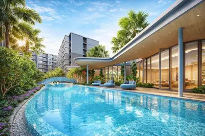 an external view of a building with a swimming pool at Modern Apartment with Pool & Gym in Kathu