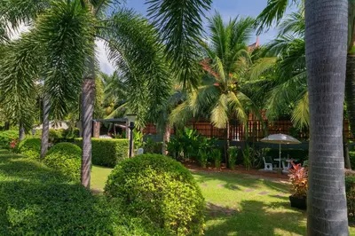 a garden with palm trees and bushes and an umbrella at Greenleaf Estate - 3bedroom Villa with large shared pool, Nai harn beach in Rawai Beach
