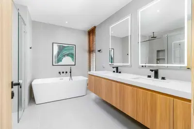 a bathroom with two sinks and a bath tub at V293 Be the First! Brand New Elite Pool Villa in Ban Thalat Choeng Thale