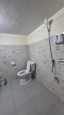 a bathroom with a toilet and a shower in it at HOM's HOSTEL in Phuket Town