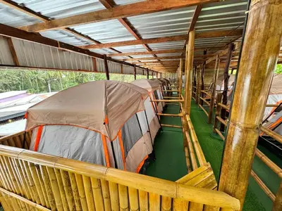 a tent inside of a building with some cows at The Tent Naiyang in Nai Yang Beach