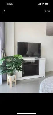 a living room with a tv and a potted plant at Charming Condo in Wichit Comfort Meets Convenience in Ban Rangeng