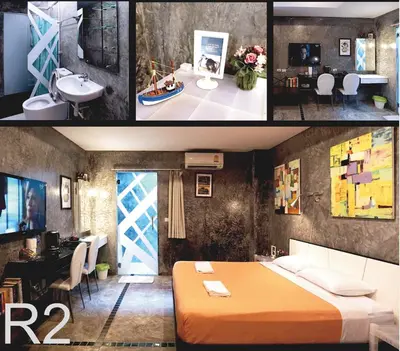 two pictures of a bedroom with a bed and a desk at Phuket Paradiso in Chalong