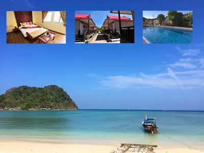 a collage of pictures of a beach with a boat in the water at Phi Phi Little Star Resort in Phi Phi Don
