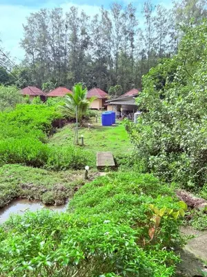 a view of a field with houses in the background at Namtok Bungalows in Ko Yao Noi