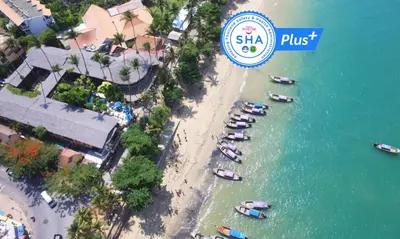 an overhead view of a beach with boats in the water at Vacation Village Phra Nang Inn - SHA Extra Plus in Ao Nang Beach