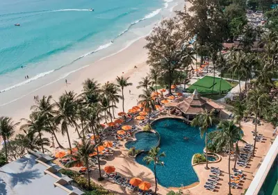 an aerial view of a resort with a beach at Beyond Kata in Kata Beach
