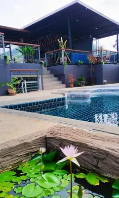 a swimming pool with a lily pad in the water at Kata Beach Studio Phuket in Kata Beach