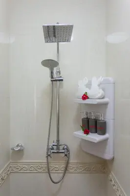 a shower in a bathroom with a toilet and shelves at Tropica Bungalow Beach Hotel in Patong Beach